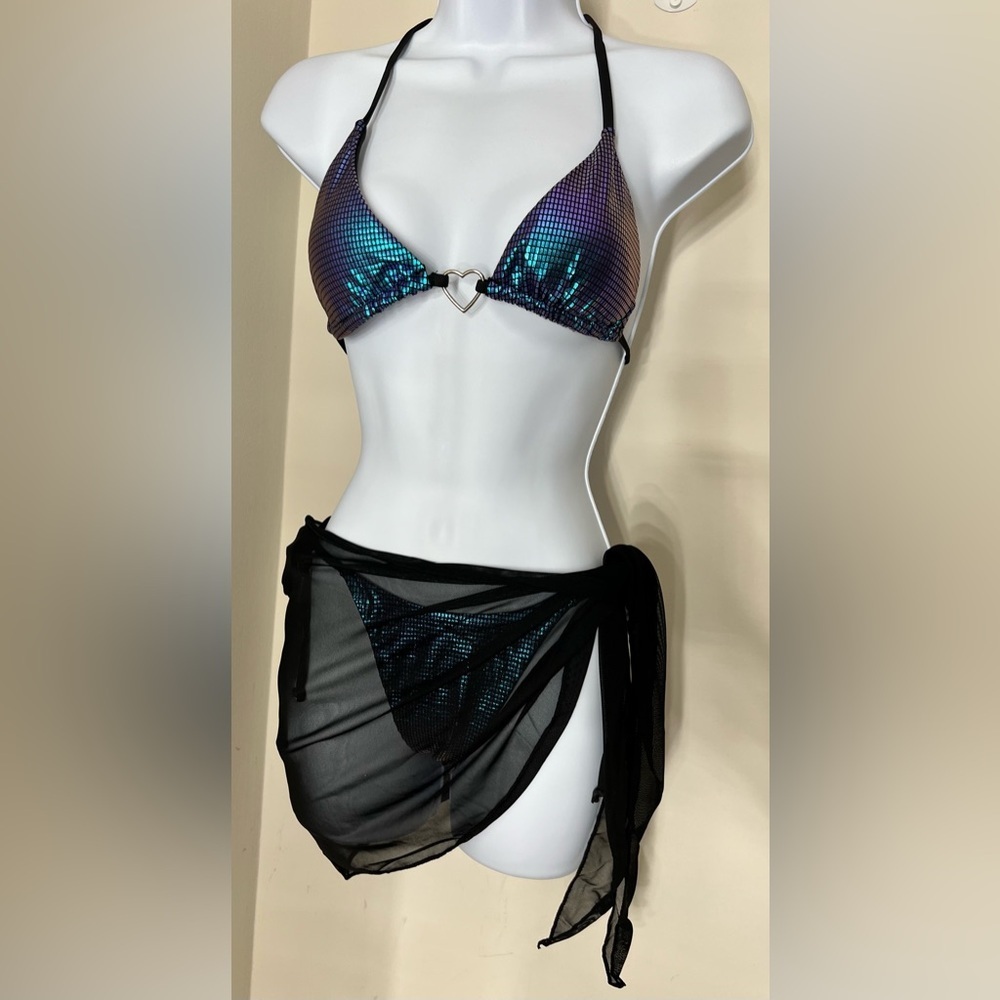 3pc Holographic Triangle Halter Tie Side Bikini Set with Sarong Cover Up - Picture 2 of 11